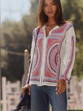 NWT Johnny Was The Audrey Mandarin Collar Shirt in White; Size XS MSRP $340